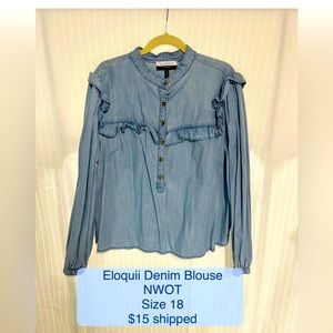 NWOT Eloquii denim top with ruffle detail, size 18